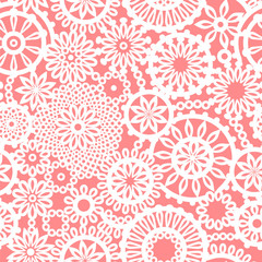 Crochet circle ornament flowers pink and white seamless pattern
