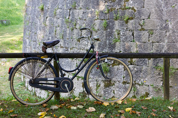 Fototapeta na wymiar Bicycle Against a Wooden Parapet