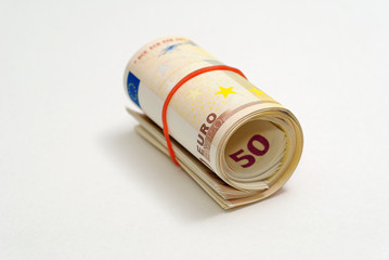 One roll of 50 euros isolated on a white background