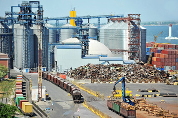 Grain dryer, train and scrap metal, port of Odessa, Ukraine
