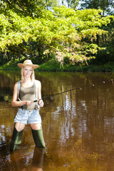 Fototapeta na wymiar woman fishing in Jizera river, Czech Republic