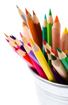 Color Pencils In Tin Can Or Pencil  Holders And Green Apple, Bac