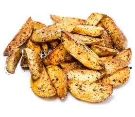 French fries potato wedges in country styled  on white backgroun