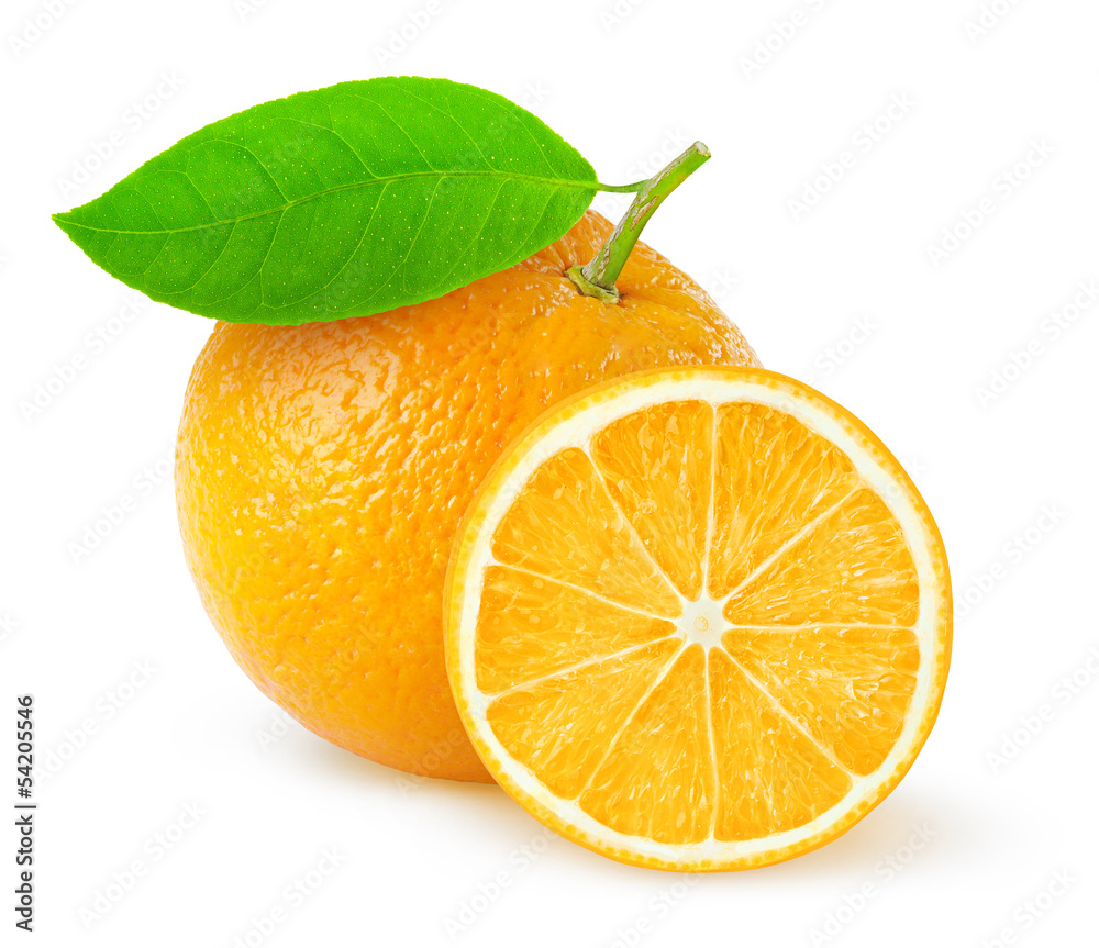 Poster isolated orange. one whole orange fruit with leaf and a slice isolated on white background