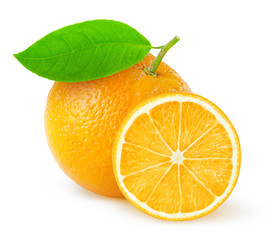Isolated orange. One whole orange fruit with leaf and a slice isolated on white background