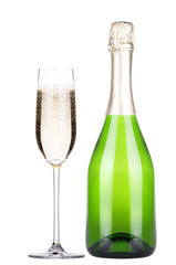 glass and bottle of champagne isolated