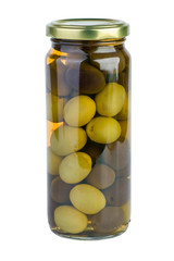 Glass jar with green and black olives