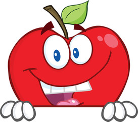 Smiling Red Apple Over A Blank Sign