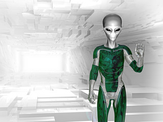 Alien im Raumschiff grüßt und kommt in Frieden © dkuhne1976