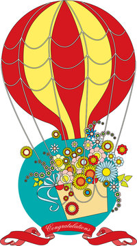 greeting card with flowers in a hot air balloon
