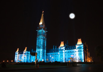 The illumination of the Canadian House of Parliament at night