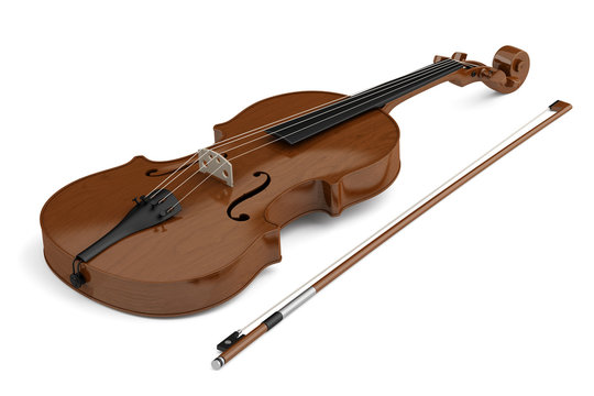 brown violin with bow isolated on white background