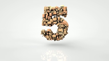 3d morphing square wood particles countdown, over white backgrou