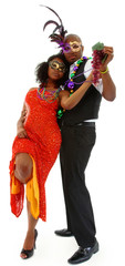 Beautiful Black Couple Dressed for Mardi Gras Party Dancing