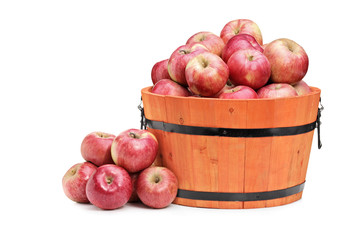 Studio shot of red apples in a wooden bucket