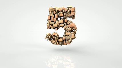 3d morphing square wood particles countdown, over white backgrou