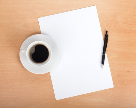 Blank paper with pen and coffee cup - Powered by Adobe
