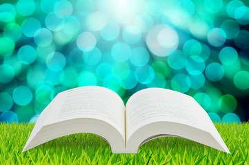 Open book on green grass with blur bokeh background