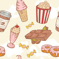 Fastfood sweets delicious hand drawn vector seamless pattern © Yuzach