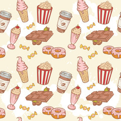 Fastfood sweets delicious hand drawn vector seamless pattern © Yuzach
