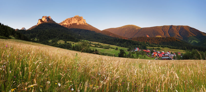 Mountain meadow panorama with village - Slovakia, Vratna