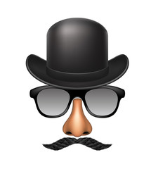 Funny mask made of glasses, mustache, nose and bowler hat