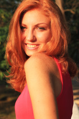 Fototapeta premium Young pretty red hair woman outdoor fashion summer portrait 