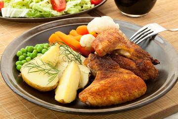Roasted chicken wings with young potatoes