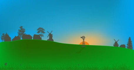 Naklejka na ściany i meble illustration with village at blue sky