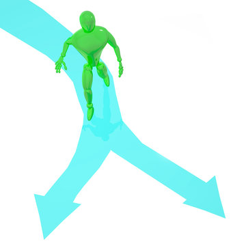 Green man on blue arrows choices way for himself 3d rendered