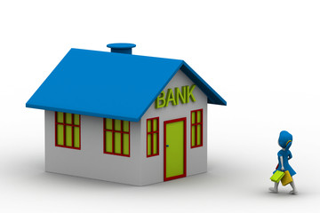 3D girl walking towards bank