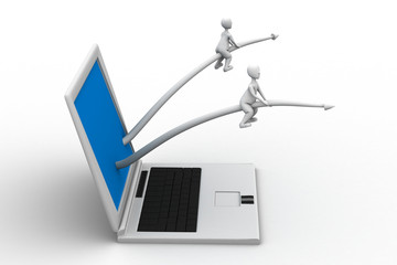 3d small person sitting with a laptop