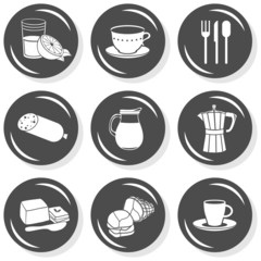 śniadanie jedzenie picie kawa mleko zestaw szarych płaskich ikon © demonique