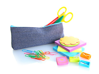 pencil box with school equipment isolated on white