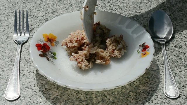 Three spoonful of steam brown rice are put on a dish.