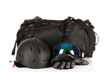 Fototapeta premium Winter sport glasses, helmet and gloves, backpack, isolated