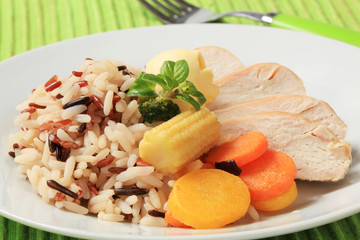 Chicken meat with mixed rice and vegetables