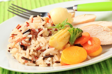 Chicken meat with mixed rice and vegetables