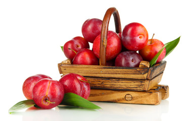 Ripe plums in basket isolated on white