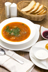 red beet soup on the table in a restaurant