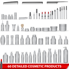 Large set of white, blank cosmetic product packages