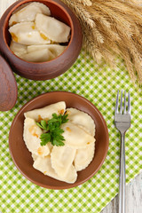 Tasty dumplings with fried onion