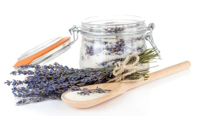 Keuken foto achterwand Jar of lavender sugar and fresh lavender flowers isolated © Africa Studio
