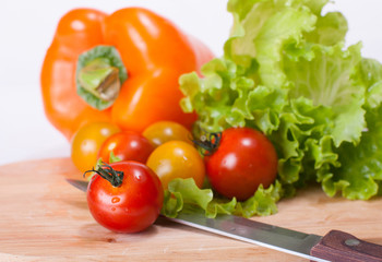 Vegetables on the chopping board and knife