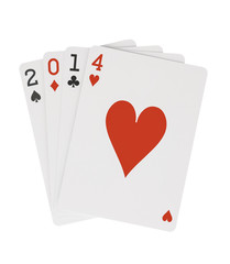 Year 2014 Playing Cards with Hearts on Top Clipping Path