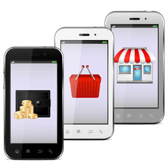 Mobile phones with shopping icon on the screens