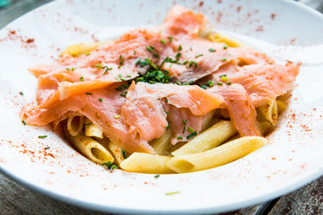 plate of pasta and smoked salmon