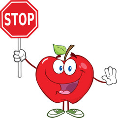 Apple Cartoon Mascot Character Holding A Stop Sign