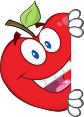 Smiling Red Apple Character Hiding Behind A Sign