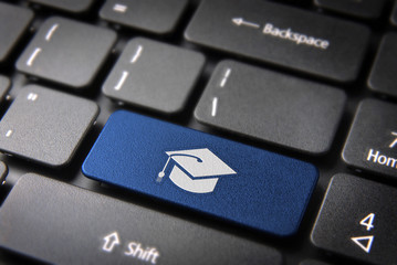 Blue graduation keyboard key, Education background - obrazy, fototapety, plakaty
